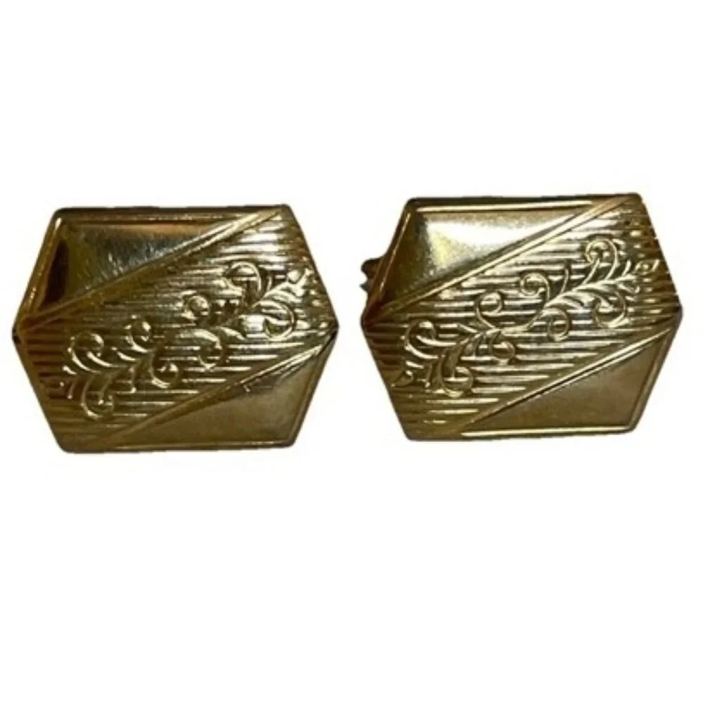 Mid Century Hexagon Scroll Design Cufflinks Vintage Gold Tone Bullet Backing